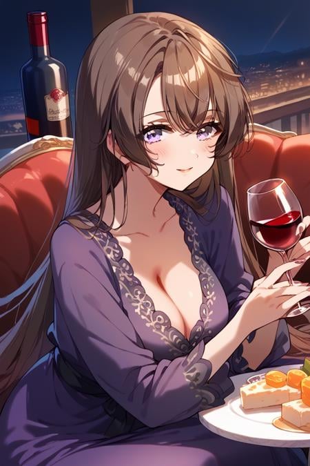 score_9, score_8_up, score_7_up, score_6_up, 1girl, <lora:Himegami_Shano:0.9> himegami, 1girl, cup, breasts, cleavage, drinking glass, wine glass, long hair, brown hair, alcohol, solo, holding cup, holding, looking at viewer, food, purple dress, navialt