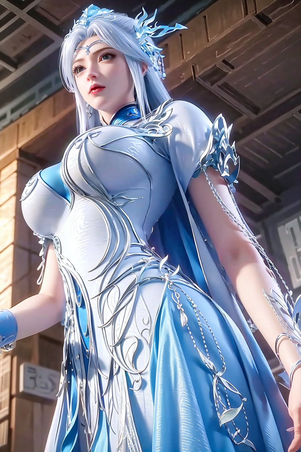 SFW,(masterpiece:1.2),best quality,absurdres,masterpiece,original,extremely detailed wallpaper,perfect lighting,(extremely detailed CG:1.2),1girl,solo,long hair,breasts,looking at viewer,blue eyes,dress,white hair,indoors,white dress,looking down,from below,