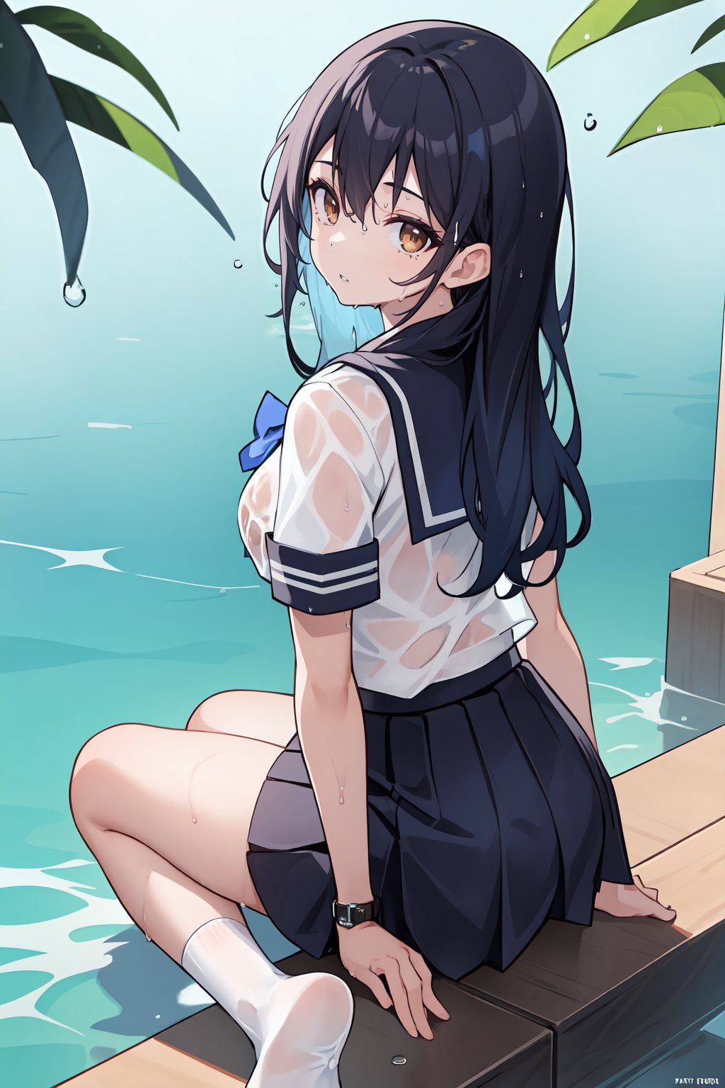 1girl, , artist name, black socks, blue hair, bow, bowtie, bra, brown eyes, long hair, looking at viewer, looking back, page number, parted lips, school uniform, see-through, shirt, short sleeves, sitting, skirt, socks, solo, underwear, watch, water drop, wet, wet clothes, wet hair, white shirt, wristwatch, 