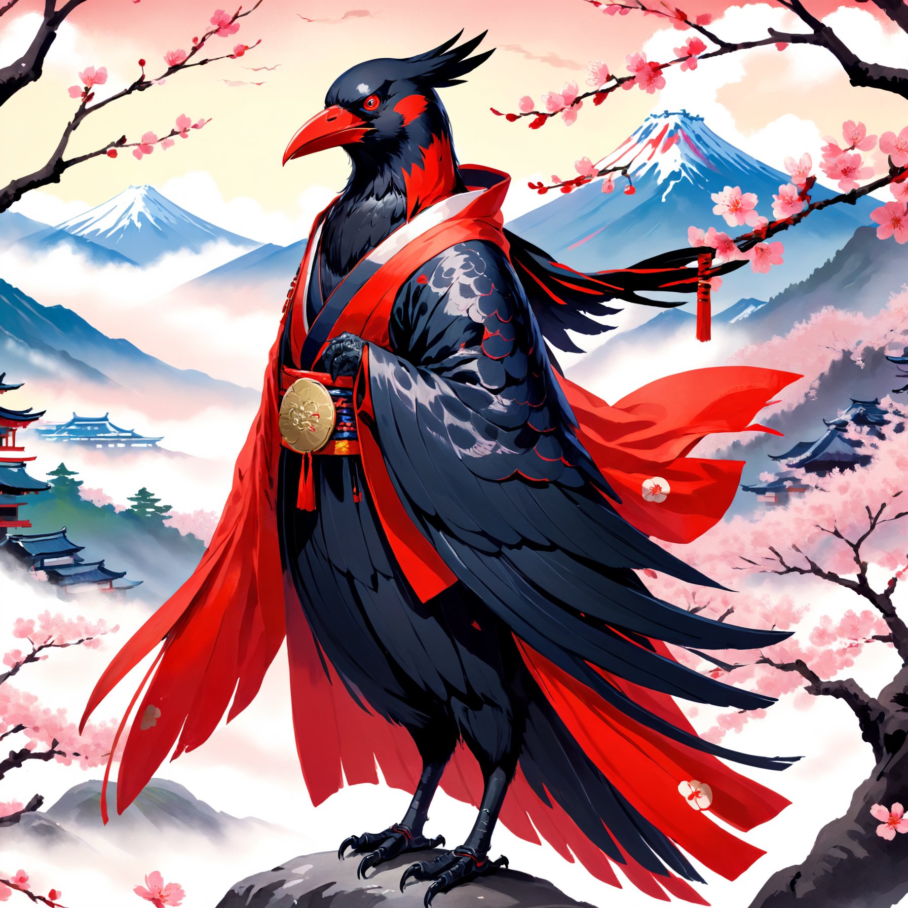 Illustration of a majestic crow with elongated legs, wearing traditional Japanese tengu attire, including a red mask and flowing robes, set against a backdrop of vibrant cherry blossoms and a misty mountain landscape, with the crow gazing confidently into the distance.