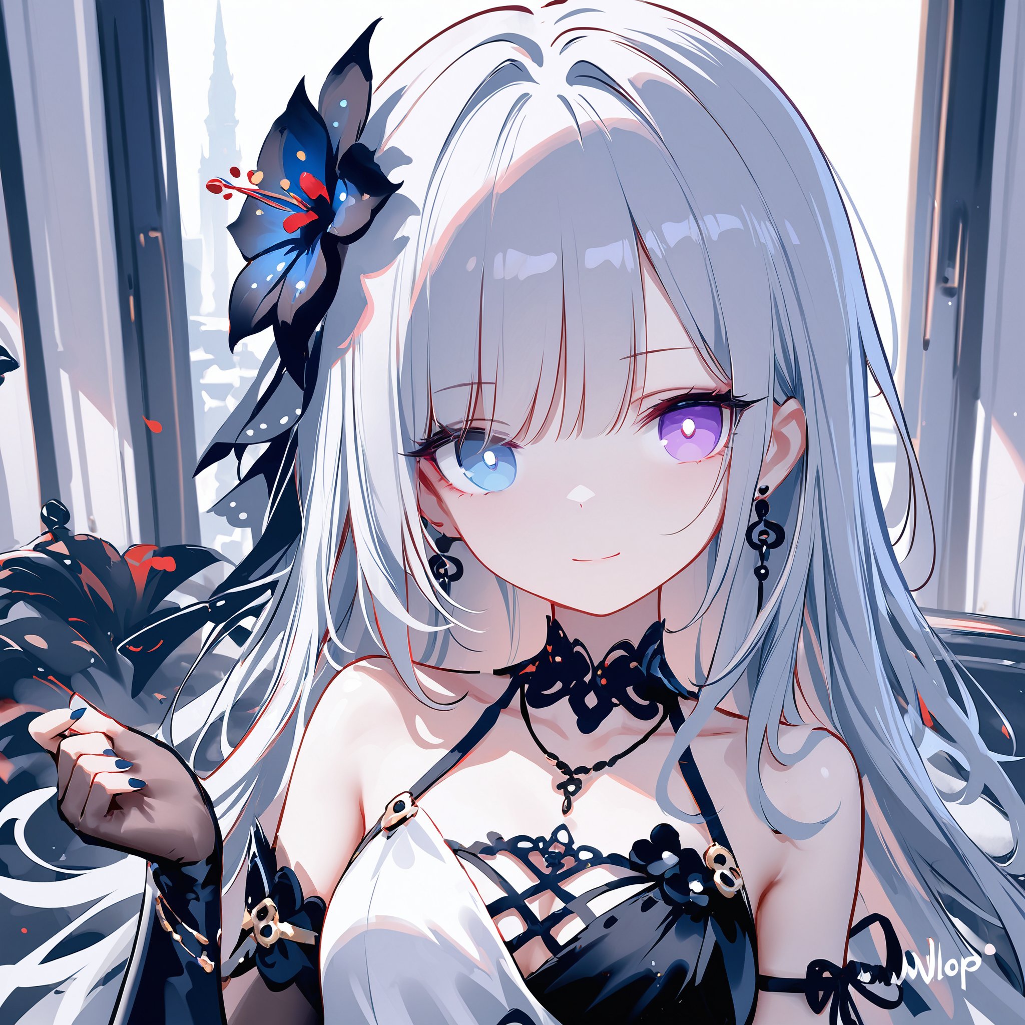 (masterpiece),(best quality),illustration,ultra detailed,hdr,Depth of field,(colorful),loli,[Artist:wlop],[[Artist:sheya]],Artist:hiten_(hitenkei),1girl,heterochromia,gloves,hair ornament,blue eyes,black gloves,solo,jewelry,long hair,black flower,looking at viewer,necklace,smile,purple eyes,white dress,dress,black rose,grey hair,elbow gloves,upper body,flower,earrings,collarbone,hair flower,asymmetrical gloves,black dress,single elbow glove,split theme,bare shoulders,indoors,single glove,ribbon,nail polish,breasts,