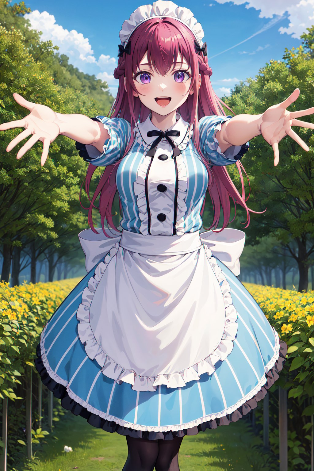 masterpiece, best quality, highres, 1girl, solo, long hair, purple hair, braid, maid headdress, purple eyes, neck ribbon, frills, vertical stripes, blue dress, short sleeves, apron, black pantyhose, <lora:makuzawa_ouka_v1:0.7>, reaching out, outstretched arms, smile, open mouth, blue sky, standing,