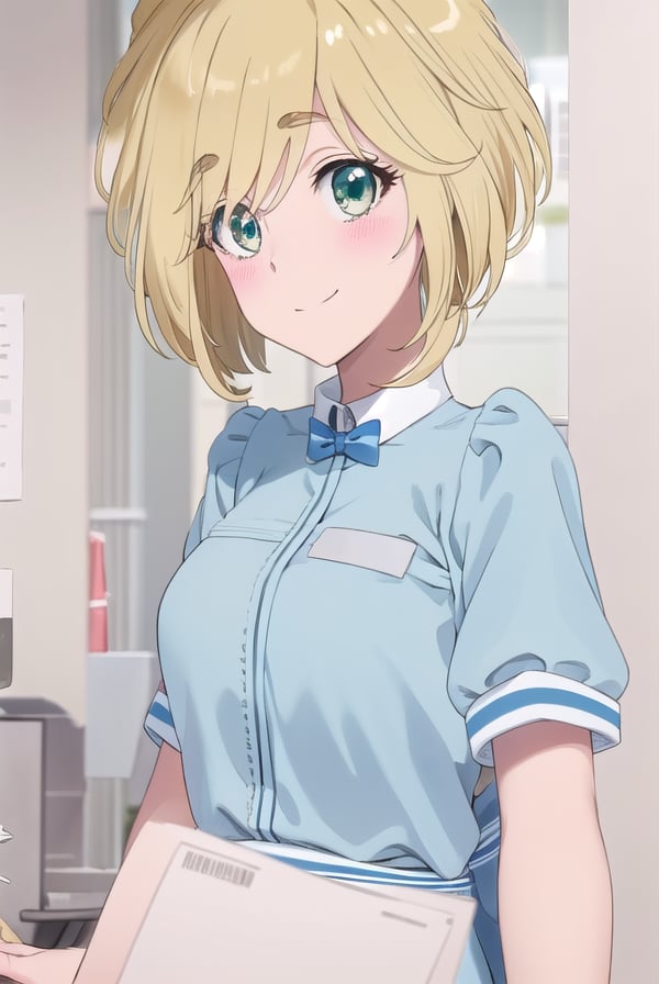 yuinishida, <lora:yui nishida s1-lora-nochekaiser:1>,yui nishida, short hair, blonde hair, (green eyes:1.3), ahoge, blush, blush sticker, smile,BREAK shirt, bow, short sleeves, puffy sleeves, apron, blue shirt, name tag, waitress,BREAK indoors, restaurant,BREAK looking at viewer, (cowboy shot:1.5),BREAK <lyco:GoodHands-beta2:1>, (masterpiece:1.2), best quality, high resolution, unity 8k wallpaper, (illustration:0.8), (beautiful detailed eyes:1.6), extremely detailed face, perfect lighting, extremely detailed CG, (perfect hands, perfect anatomy),