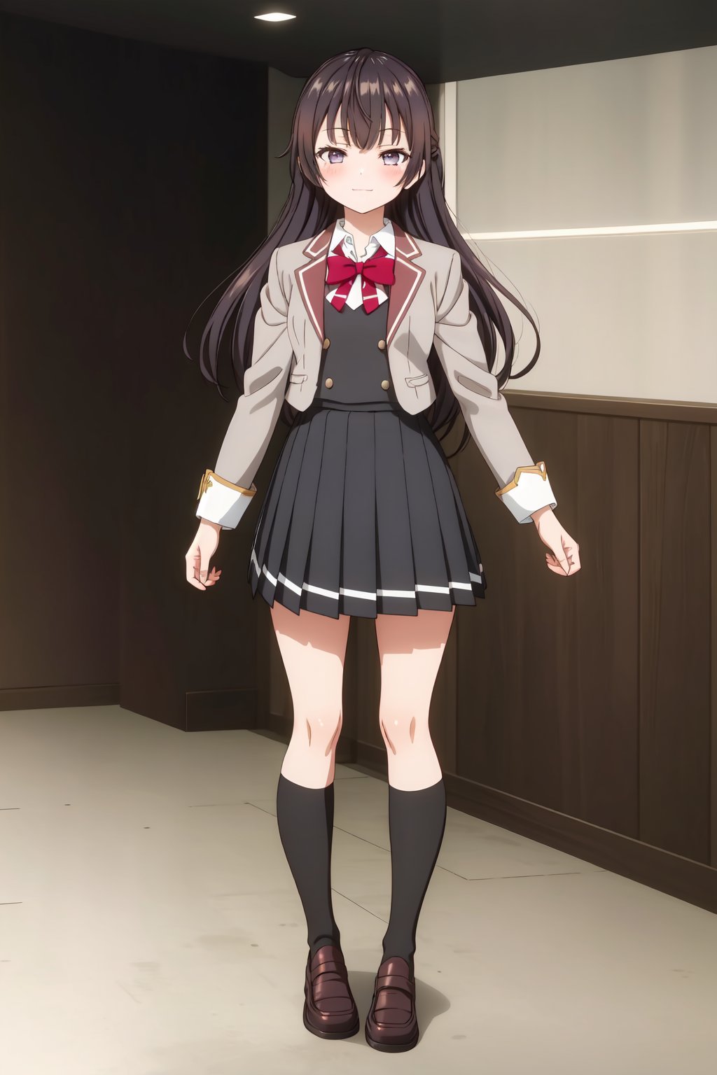 YukiSuou, 4k, absurd, high resolution, very high resolution, high definition, masterpiece, 1girl, solo, long hair, looking at viewer, blush, smile, skirt, shirt, black hair, long sleeves, bow, closed mouth, school uniform, standing, purple eyes, jacket, full body, white shirt, pleated skirt, open clothes, shoes, socks, collared shirt, hand up, miniskirt, bowtie, black skirt, red bow, open jacket, kneehighs, brown footwear, black background, black socks, loafers, red bowtie, grey skirt, arm at side, grey jacket<lora:EMS-435737-EMS:0.800000>