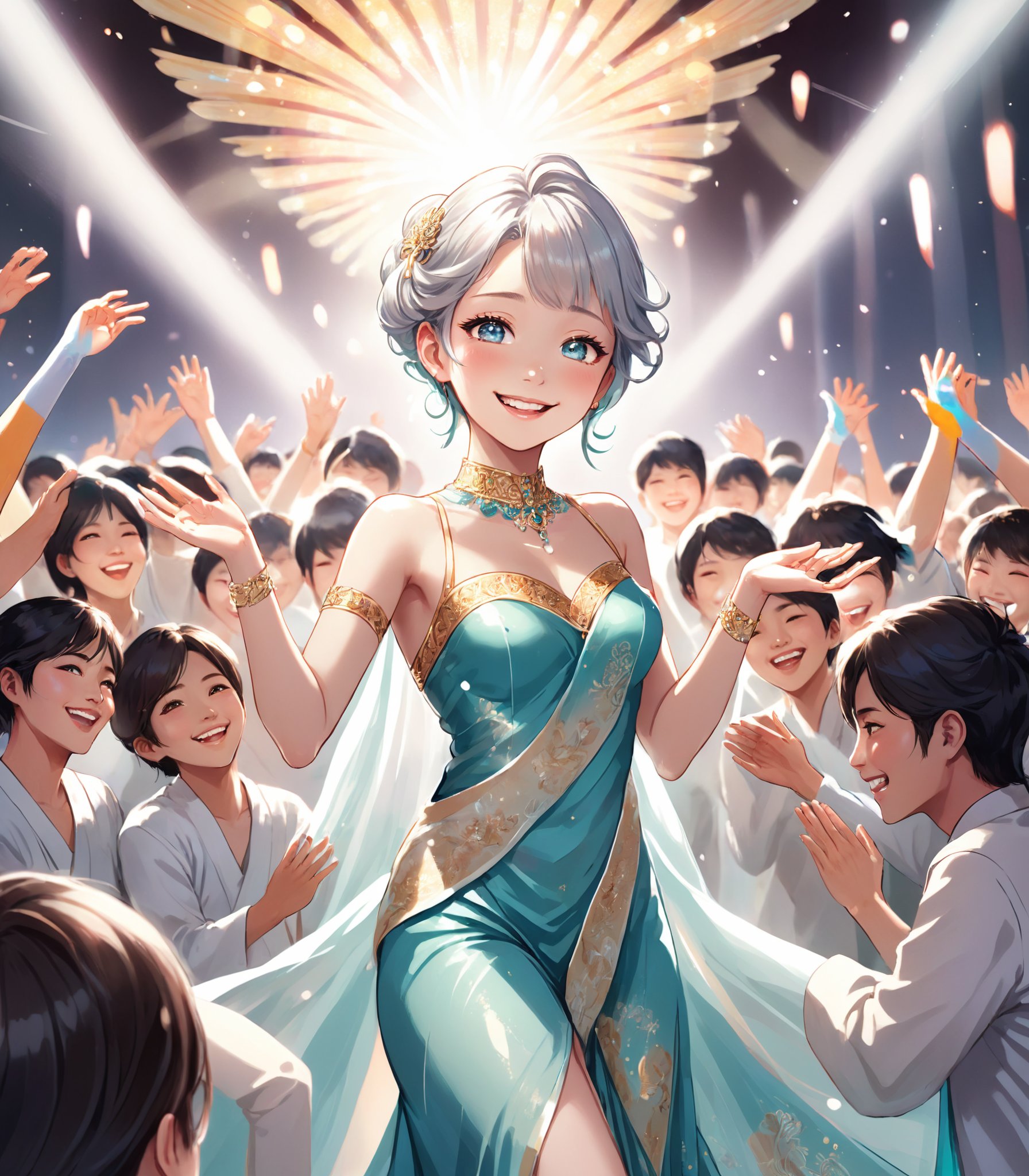 {Illustration} of a stunning and flawless idol captivating everyone with a dazzling smile, radiant eyes, and graceful posture, surrounded by adoring fans enraptured by their ethereal presence.