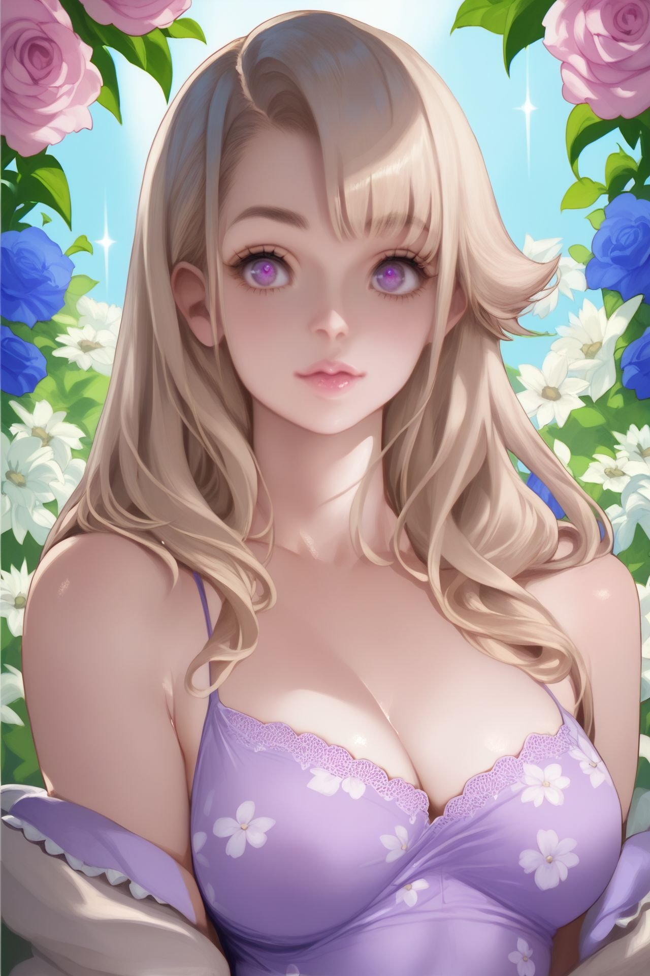 score_9, score_8_up, score_7_up, 1girl, pupils sparkling, beige hair, single_hair_intake, straight_hair, purple eyes, breasts, covered nipples, Bouvardia \(flower\), floral background, <lora:Sakimichan_PonyXL_style_v01.10.02.05:1>