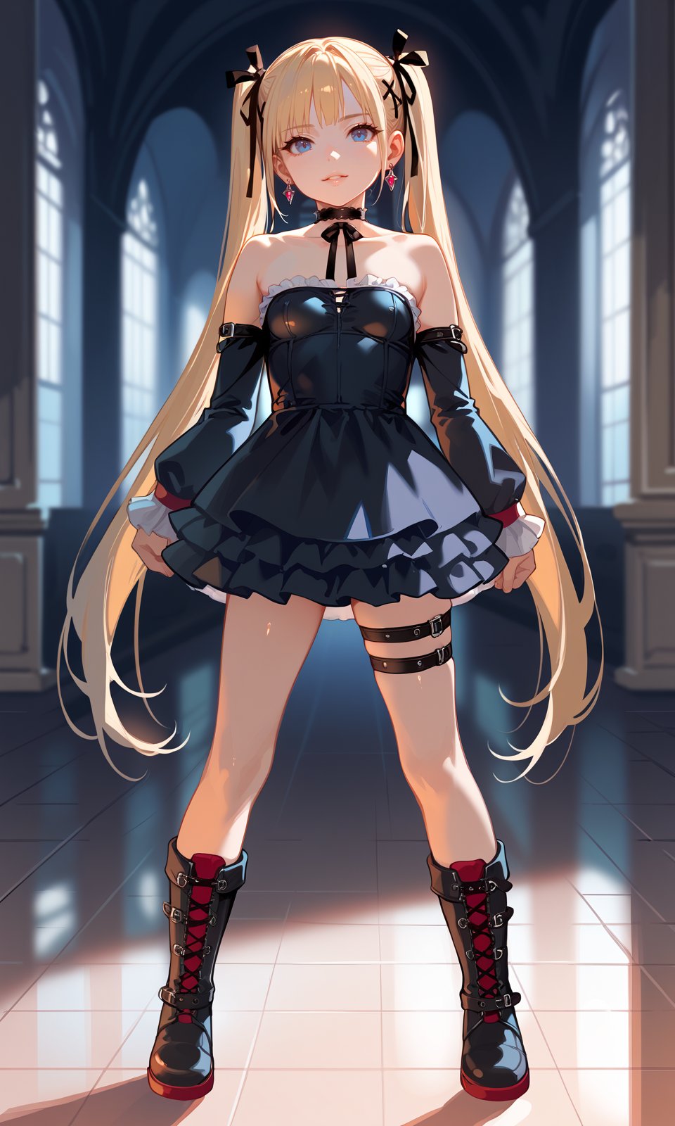 score_9, score_8_up, score_7_up, score_6_up, BREAK1girl, marierose, 1girl, bangs, bare shoulders, big breasts, black choker, black dress, black ribbon, blonde hair, blue eyes, boots, breasts, choker, collarbone, detached sleeves, dress, earrings, frills, full body, hair ribbon, indoors, long hair, long sleeves, looking at viewer, medium breasts, ribbon, solo, standing, thigh strap, twintails, very long hair, <lora:MarieRose_Pony:1> 