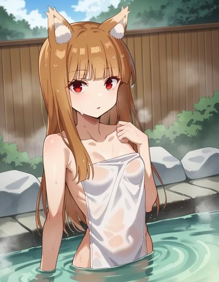 score_9, score_8_up, score_7_up, source_anime,wolfholo, <lora:wolf-holo-alpha-ponyxl-lora-nochekaiser:1>holo, red eyes, bangs, blunt bangs, sidelocks, animal ears, fox ears, brown hair, long hair,nude, naked, small breasts,outdoors, onsen, towel, naked towel, steam, bathing, nude cover, partially submerged, water, bath, steam censor, wet towel,looking at viewer, cowboy shot, dutch angle,