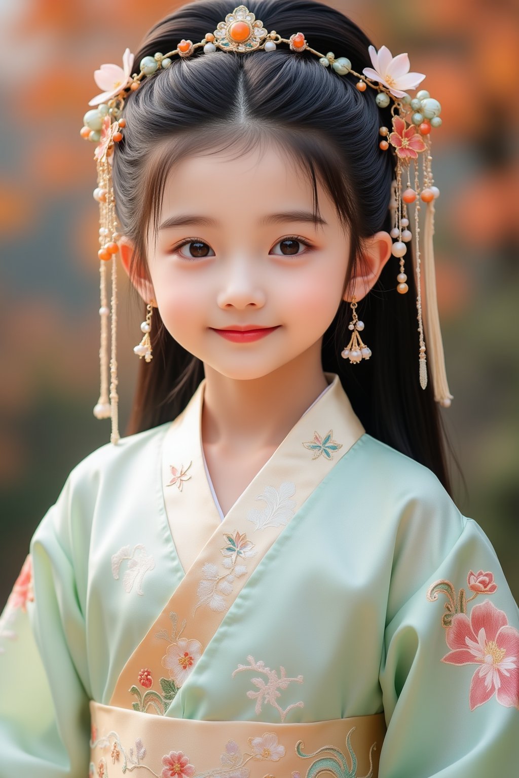 hanfu,1girl,solo,long hair,looking at viewer,smile,black hair,hair ornament,long sleeves,dress,brown eyes,closed mouth,flower,earrings,hair flower,blurry,lips,sash,blurry background,chinese clothes,realistic,hanfu,