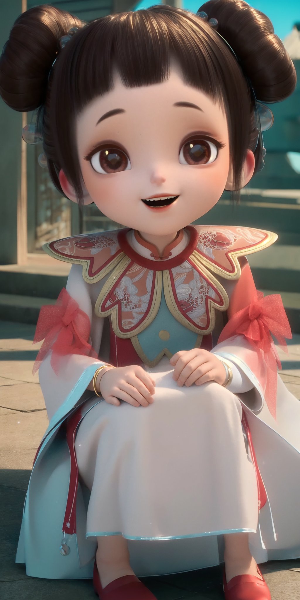 female child,double buns,hair ornament,bracelet,capelet,dress,long sleeves,chinese clothes,red footwear,小鲤,full body,<lora:xl:1>,smile,, (masterpiece, best quality, high quality, highres:1.3),8k,extremely delicate and beautiful,studio lighting,double exposure,dreamy glow,detailed shadow,
1girl,pale skin,