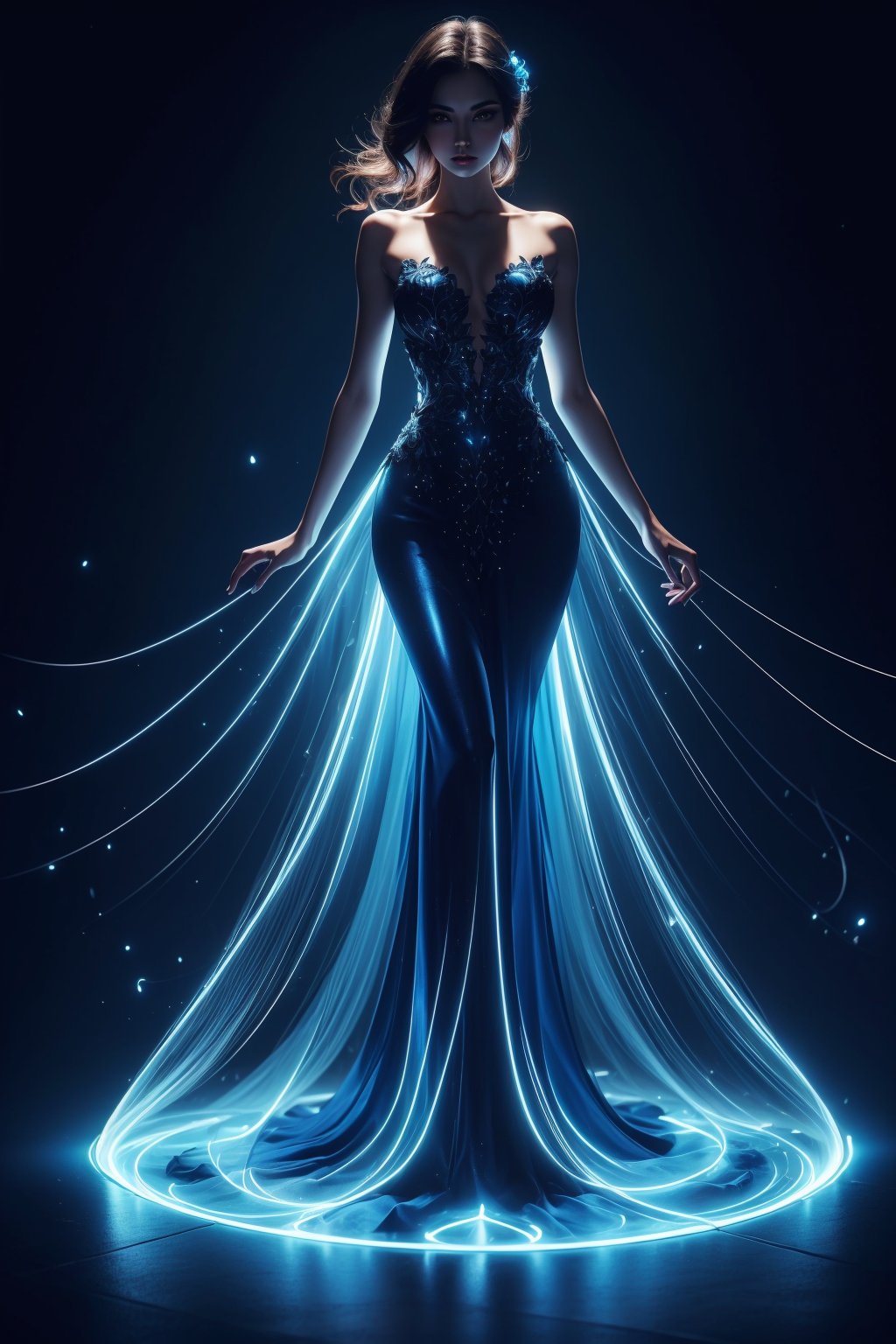 Best quality, hyper-high detail, very high res, image of a woman in blue luminescence, magic circle, bzwaves, dark background, reflection, glowing, ethereal blue waves, illuminating the dark, brightcolors, full body, (flowing gown of blue light), Solo,Perfect body shape,Black eyes, Black hair to the shoulders, (blue theme), Beautiful eyes, shiny skin, Shiny hair, weaving light, (detailed and beautiful shiny clothes)(dynamicposes:1.3)<lora:EMS-306347-EMS:0.800000>