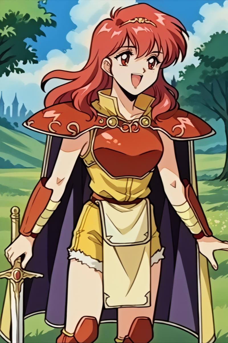 score_7_up, score_6_up, source_anime, BREAK 1girl, solo, <lora:fecelica-pdxl-nvwls-v1-000005:1> brvCeli, red hair, red eyes, cape, red armor, yellow dress, pelvic curtain, yellow shorts, red boots <lora:FeOva-pdxl_Fp:1> retro artstyle, 1990s \(style\), happy, field, village, trees, holding sword