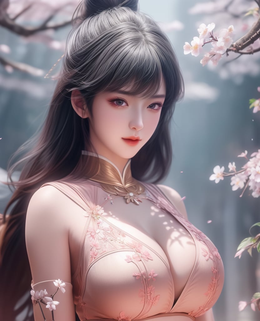 <lora:斗罗大陆-唐舞桐-海神缘:0.8> (,1girl, ,best quality, ),looking at viewer,  ultra detailed background,ultra realistic 8k cg,ultra detailed 8k cg,masterpiece,upper body,  (( , )),, ,science fiction,mole, ultra realistic 8k cg, ,    ,outdoors, sun,sunlight, cherry blossoms,      (cleavage), (),