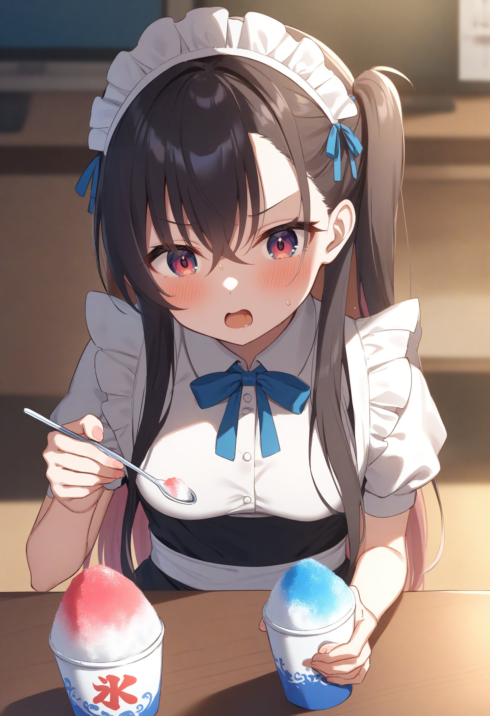 1girl,sincos, ningen mame, toosaka asagi,solo,large breasts,20yo,maid,maid headdress,shaved ice,<lora:shavedice_XL_v1:0.8>holding drinking straw, spoon straw, eating,from behind, panorama shot, looking down, black hair, brown eyes,confused, music room, open mouth, one side up hair,,best quality, very aesthetic, absurdres