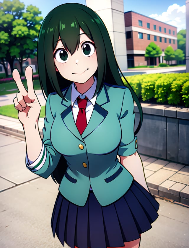 <lora:tsuyu:.7>tsuyu asui, school in background 