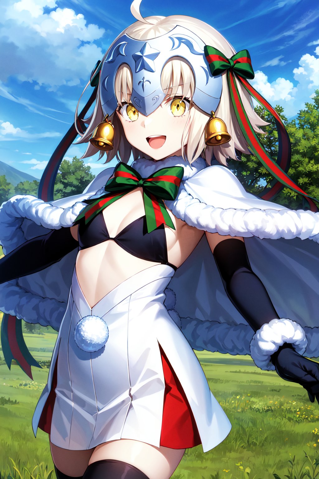 masterpiece, best quality, highres, aasl, long hair, ahoge, headpiece, bell, hair ribbon, small breasts, white capelet, striped bow, fur trim, bikini top only, black bikini, elbow gloves, black gloves, white skirt, pom pom (clothes), black thighhighs, <lora:jeanne_d'arc_alter_santa_lily_(fate)_v1:0.7>, sky, open mouth, smile, standing, outstretched arms, forest