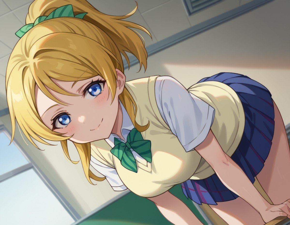 score_9, score_8_up, score_7_up, source_anime,eliayase, <lora:eli-ayase-s1-ponyxl-lora-nochekaiser:1>,eli ayase, yellow hair, blue eyes, ponytail, hair ribbon,otonokizaka school uniform, pleated skirt, school uniform, short sleeves, skirt, summer uniform, sweater vest, yellow sweater vest,indoors, classroom, smile, bent over,looking at viewer, cowboy shot, dutch angle,