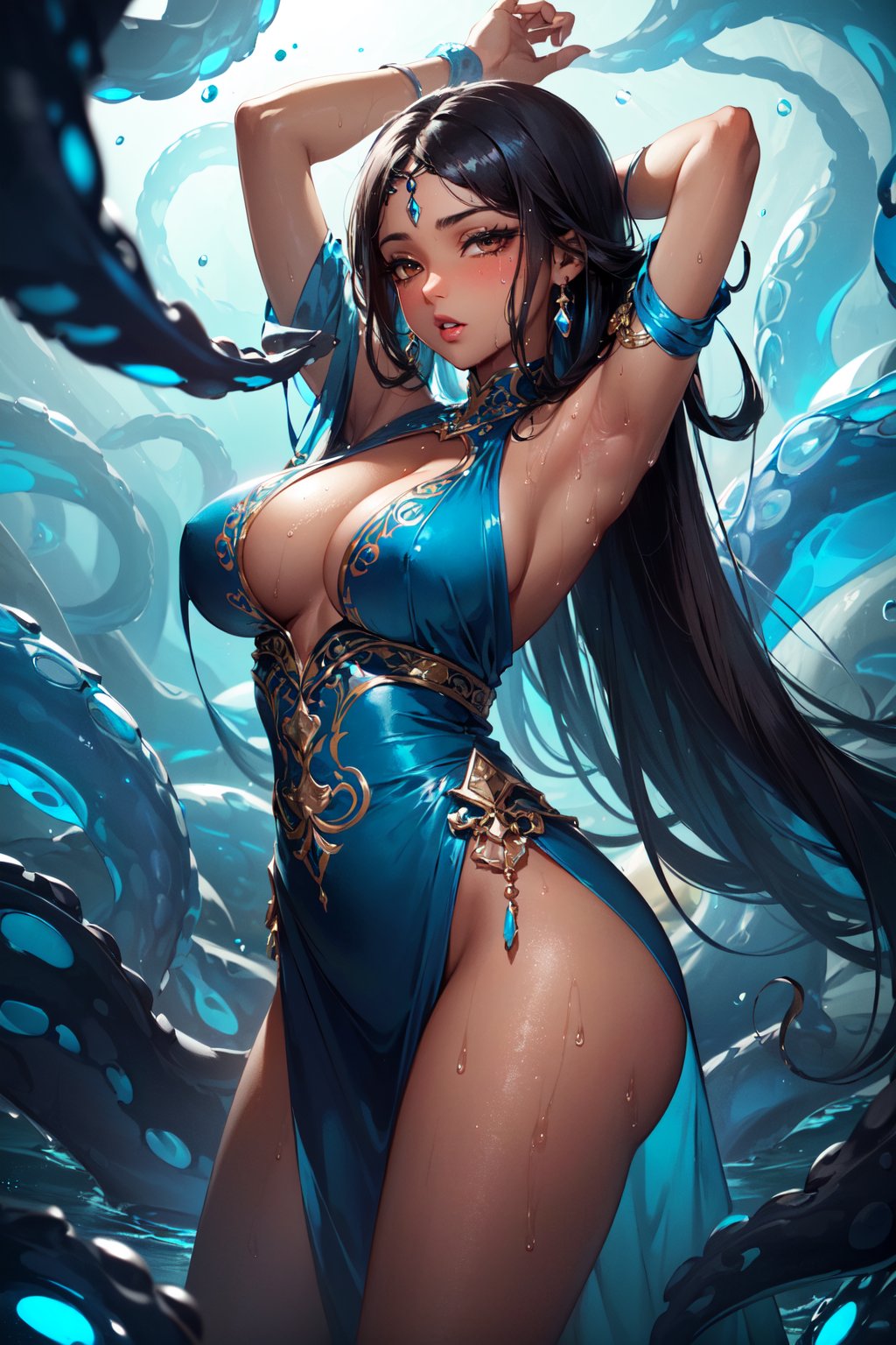 (masterpiece, best quality, hires, high resolution:1.2), (beautiful, aesthetic, perfect, delicate, intricate:1.2), (cute, adorable), (depth of field:1.2), (1girl, solo), (dark-skinned, dark skin, black skin, ebony:1.4), (sexy goddess of water), (a sexy woman emerging from the water), (glowing blue tentacles wrapped around her legs:1.4), (naughty expression:1.3), (eyeliner, eyelashes, eyeshadow, glossy lips), (long straight hair:1.4), (big breasts), (groin), (glossy skin, shinny skin, wet skin, sweaty, sweat drop), (ornate delicate dress:1.2), (ornate delicate armor parts), (arms up), (cowboy shot:1.4), <lora:Tentacles :1>, transparent tentacles, glass tentacles