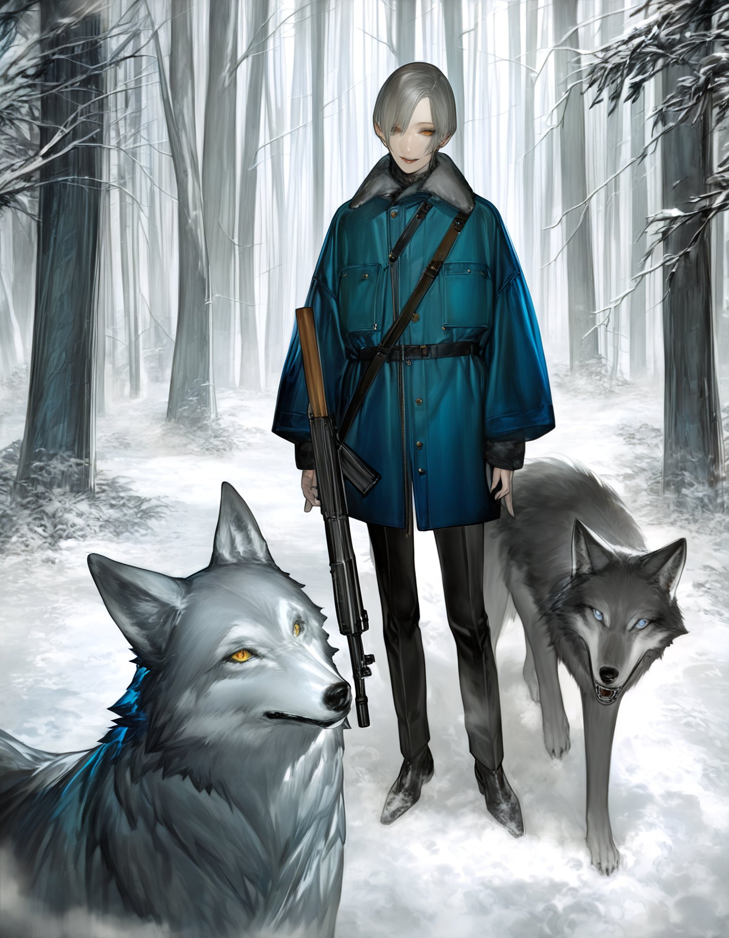 best quality, masterpiece, absurdres, fashion, by aoin, by murata_range, by au \(d_elete\), winter, 1boy, wolf, forest, fog, holding rifle