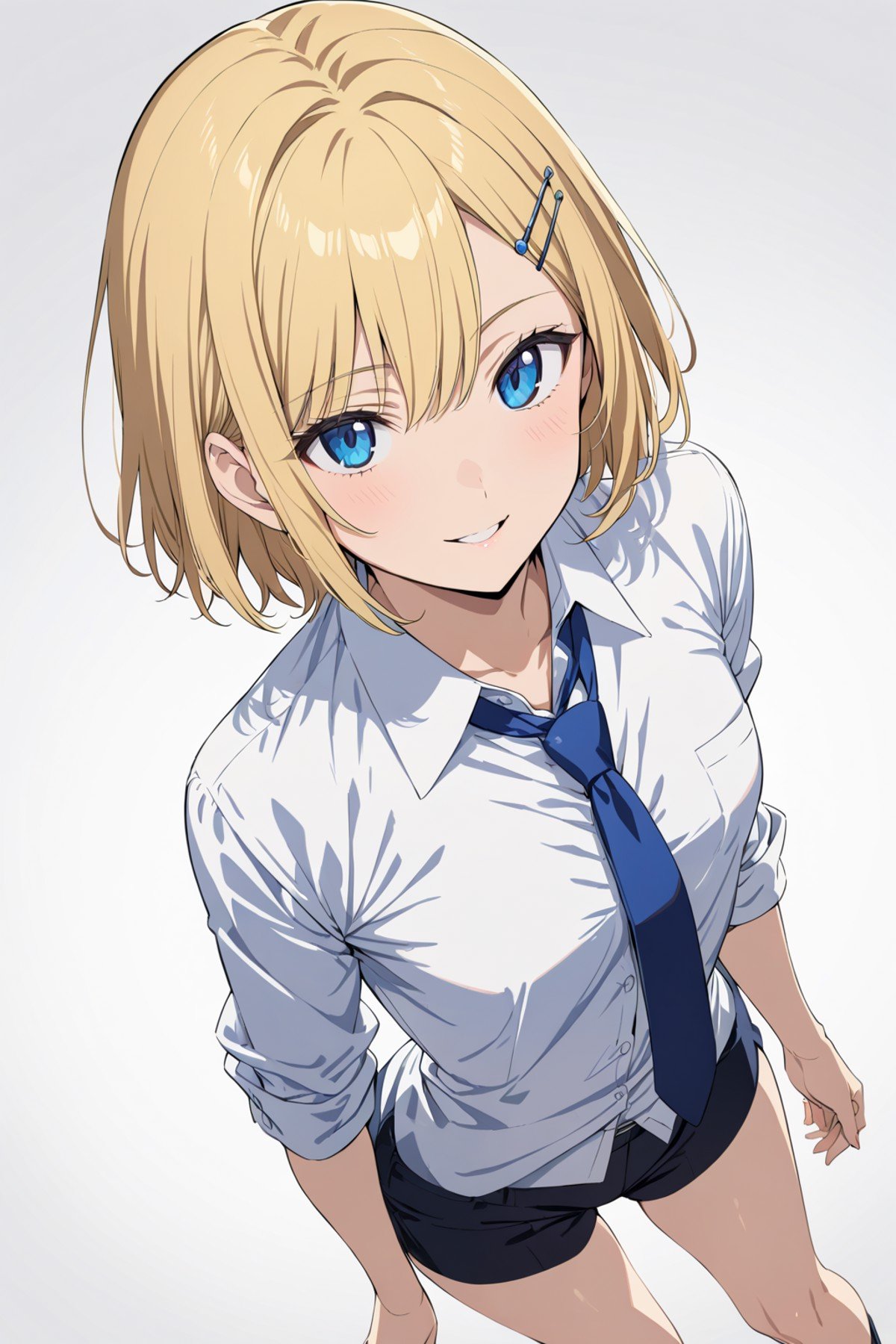 1girl, short hair, blonde hair, blue eyes, small breasts, white shirt, collared shirt, necktie, hairpin, seductive smile,white background, simple background, anime coloring,masterpiece, best quality,from above