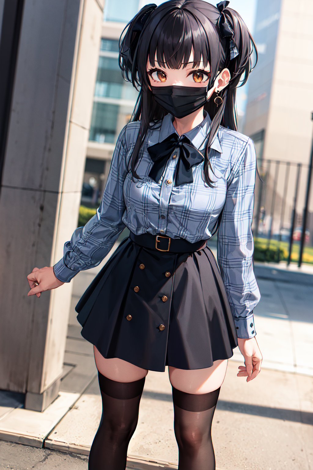 masterpiece, best quality, highres, bbfuyuko, long hair, two side up, hair ribbon, earrings, neck ribbon, collared shirt, plaid shirt, grey shirt, long sleeves, (black skirt:1.3), thighhighs, <lora:mayuzumi_fuyuko_v1:0.7>, mouth mask, park, standing,