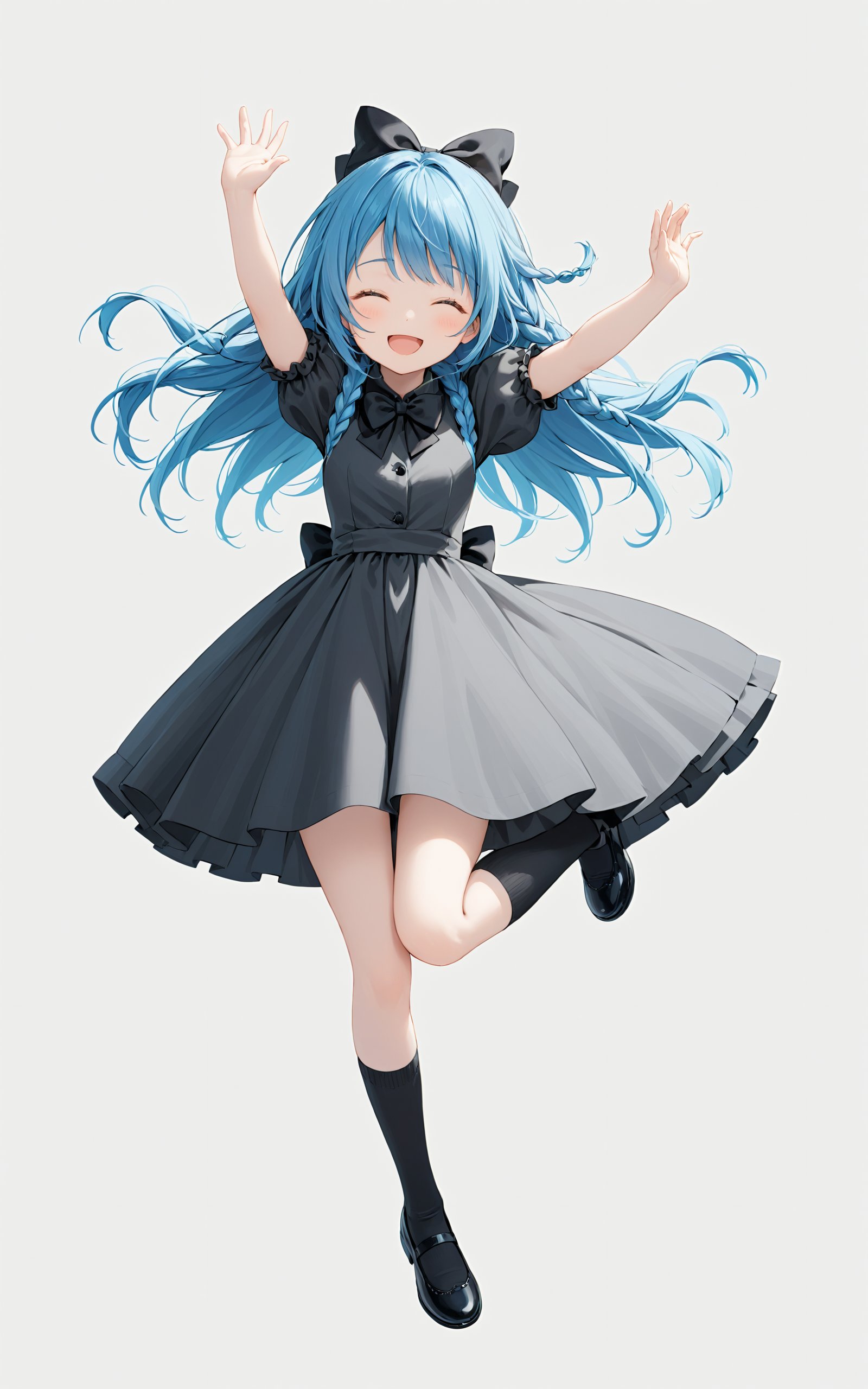 girl, 1girl, :d, black bow, black dress, black footwear, black socks, blue hair, bow, braid, closed eyes, dress, full body, hair bow, hands up, long hair, long sleeves, open mouth, puffy short sleeves, puffy sleeves, shoes, short sleeves, smile, socks, solo, standing, standing on one leg, two-tone background, vest, white background