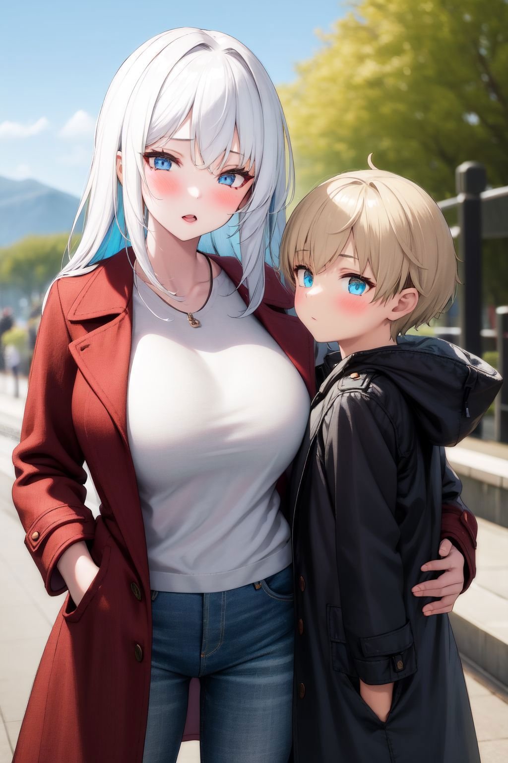 <lora:bigsislitbro_cpt_v01.10.10.02:1>, bigsislitbro, girl and boy, 1girl, long hair, Multiple colors, breasts, long coat, 1boy, shot hair, denim shirt, white hair, outdoors