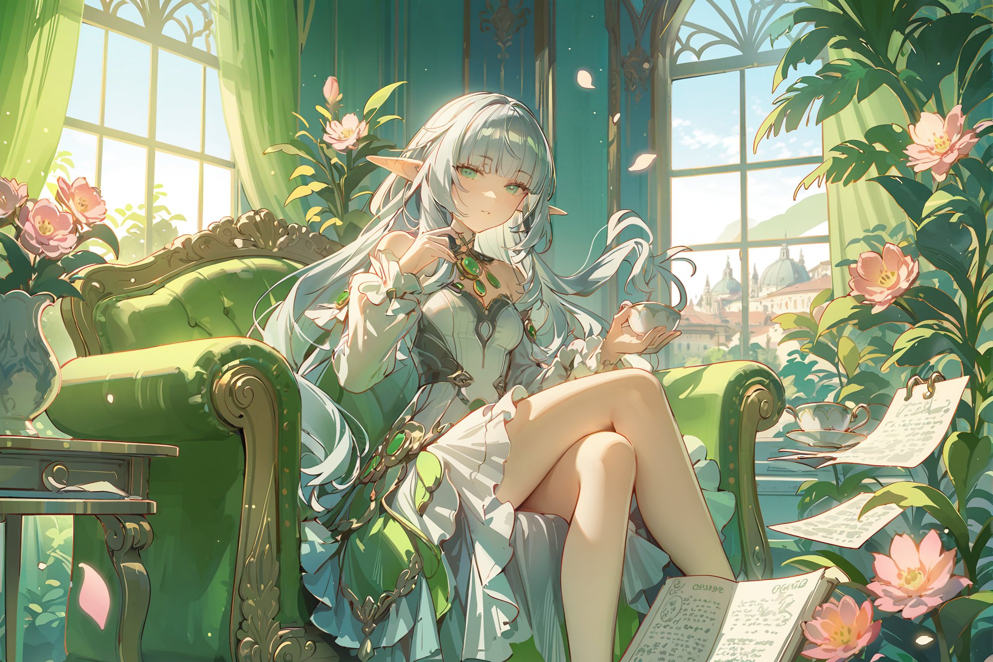 sketch,1girl,elf,chibi,long hair,silver hair,green gradient hair,blunt bangs,green eyes,small breasts,green brooch,frilled shirt,long sleeves,dress,sitting,looking at viewer,half-closed eyes,holding book,window,curtains,plant,flower,book,teacup,chair,sofa,open book,paper,masterpiece,bestquality,onnk,line art,line style,Depth of field,(colorful),Torino,