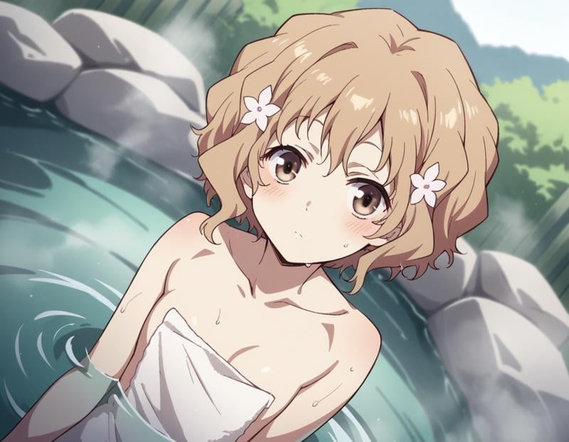 score_9, score_8_up, score_7_up, source_anime,ohanamatsumae, <lora:ohana-matsumae-s1-ponyxl-lora-nochekaiser:1>,ohana matsumae, short hair, brown hair, hair ornament, brown eyes, flower, hair flower,nude, naked, small breasts,outdoors, onsen, towel, naked towel, steam, bathing, nude cover, partially submerged, water, bath, steam censor, wet towel, blush,looking at viewer, cowboy shot, solo, dutch angle,