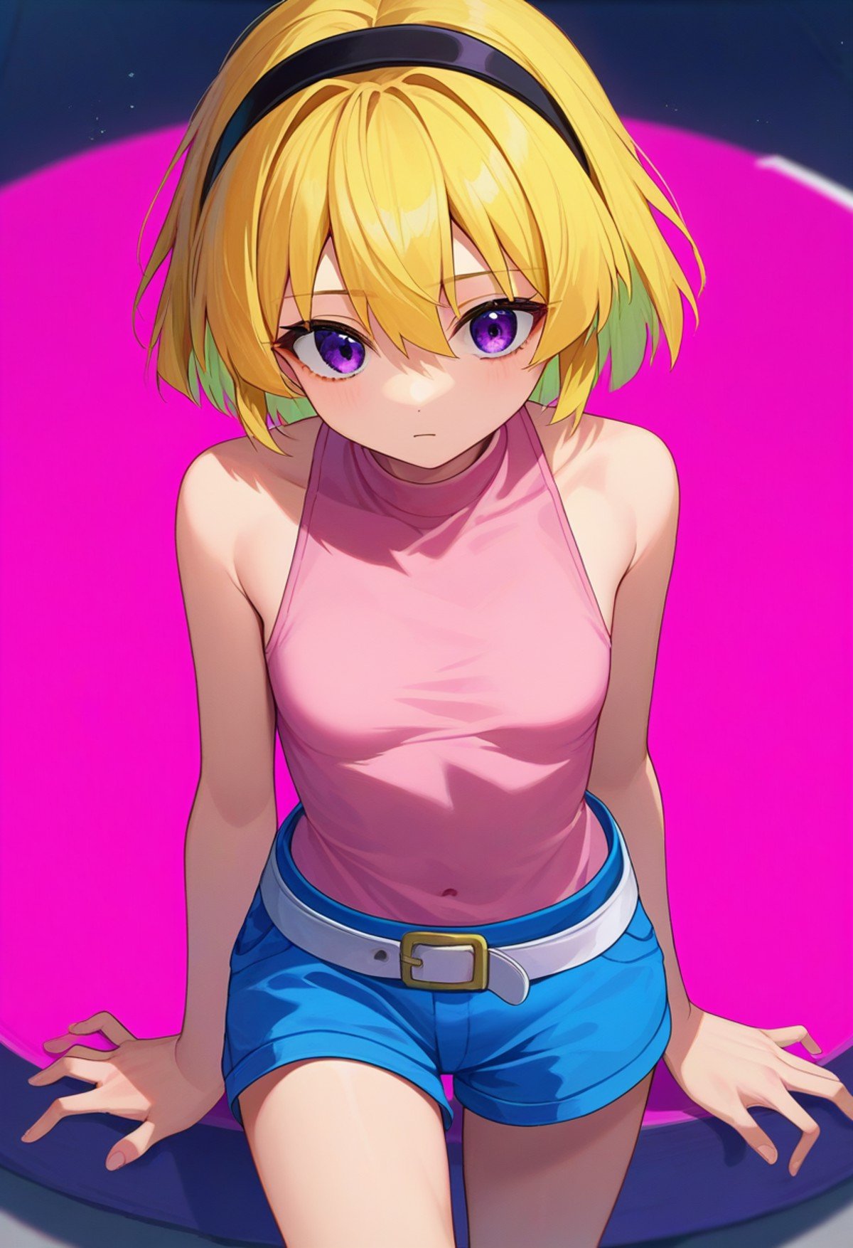 score_9, score_8_up, score_7_up, source_anime, <lora:Satoko Houjou Pony 5-000003:1>, houjou_satoko, 1girl, shorts, blonde hair, solo, hairband, shirt, sleeveless, blue shorts, short hair, belt, pink shirt, purple eyes, sleeveless shirt, black hairband, bangs, bare shoulders, white belt, small breasts, cumulonimbus, empty field, (glitch sky:0.5)