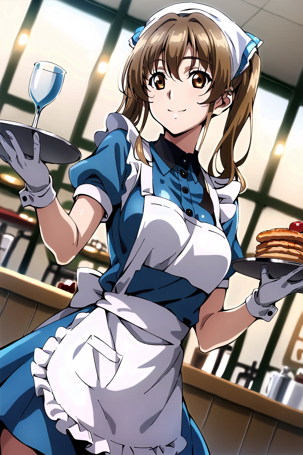 score_9, score_8_up, score_7_up, score_6_up, score_5_up, score_4_up, source_anime, cowboy shot, sunohara shizuka, 1girl, solo, sidelocks, twintails, smile, apron, blue shirt, blue skirt, frilled apron, frills, gloves, head scarf, shirt, short sleeves, skirt, uniform, waist apron, waitress, white apron, white gloves, food, tray, food tray, indoors, restaurant, looking at viewer, dutch angle, cowboy shot, masterpiece, best quality, cute girl, beautiful girl, perfect body, perfect face, uncensored, hair bow, <lora:shinohara shizuka auti 729:1>