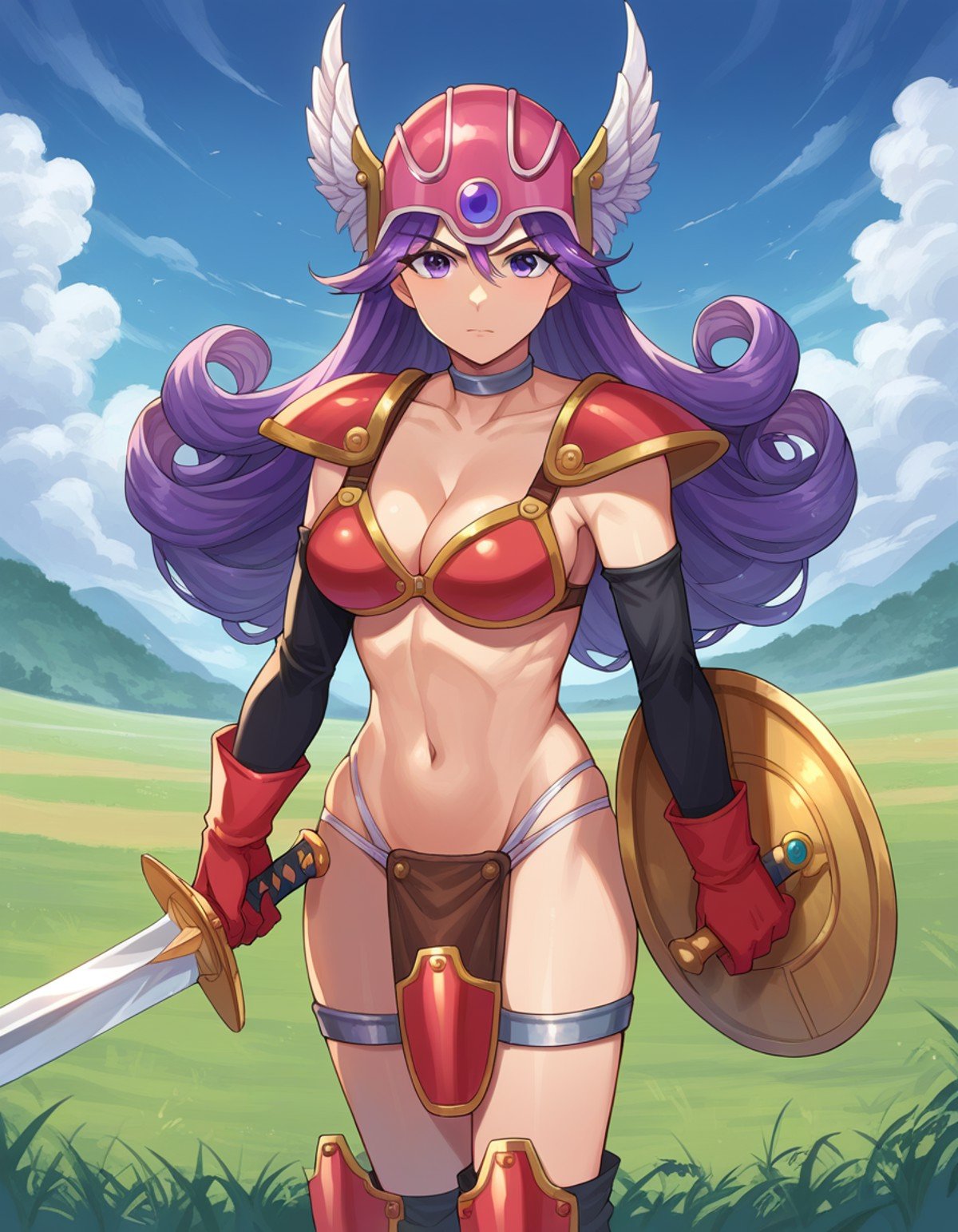 score_9, score_8_up, score_7_up, source_anime,dqsoldier, <lora:dq-soldier-ponyxl-lora-nochekaiser:1>,soldier, long hair, purple eyes, purple hair, curly hair,armor, bikini armor, choker, cleavage, elbow gloves, gloves, helmet, navel,outdoors, fields, grass, weapon, sword, shield, holding sword,looking at viewer, dutch angle, cowboy shot,