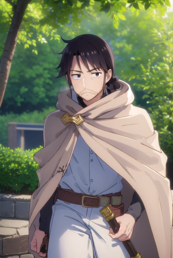 reviewerstunk, <lora:reviewer stunk male s1-lora-nochekaiser:1>,stunk, black hair, male focus, facial hair, beard, stubble, (black eyes:1.5),BREAK belt, pants, sword, cape, cloak, white pants,BREAK outdoors,BREAK looking at viewer, (cowboy shot:1.5),BREAK <lyco:GoodHands-beta2:1>, (masterpiece:1.2), best quality, high resolution, unity 8k wallpaper, (illustration:0.8), (beautiful detailed eyes:1.6), extremely detailed face, perfect lighting, extremely detailed CG, (perfect hands, perfect anatomy),