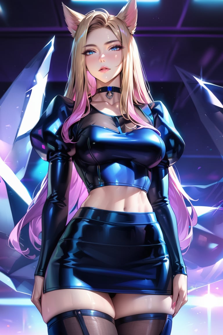 (Masterpiece), mature, HDR,UHD,8K, best quality, Highly detailed, physically-based rendering, extreme detail description, perfect skin, shiny skin, shiny hair,perfect face, 1girl, baddest, blonde hair, blue eyes, pink hair, crop top, high thighighs, multicolored hair, mini skirt, facial mark, animal ears, tail, choker,Ahri, black top, K/DA Ahri, long sleevs, black skirt ,LeagueOfLegendsAhri, long hair, puffy sleeves, crystal, black thighighs, juliet sleeves, whisker markings,ahri, stockings, high stocking<lora:EMS-335737-EMS:0.600000>, <lora:EMS-388761-EMS:0.100000>, <lora:EMS-418641-EMS:0.800000>