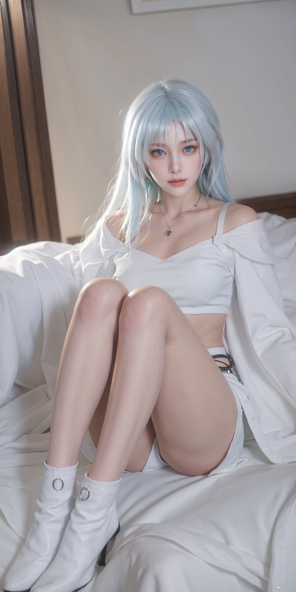 <lora:DR_20240216173827-000005:0.75>,DR,1girl,solo,jewelry,long hair,white hair,necklace,blurry,long sleeves,blue shirt,indoors,bangs,earrings,hair between eyes,blue eyes,skirt,black shirt,tassel,looking at viewer,realistic,jacket,eyelashes,parted bangs,grey skirt,shirt,white skirt,medium breasts,belt,midriff,crop top,virtual youtuber,navel,chain,white footwear,boots,high heel boots,socks,, (raw photo:1.2),((photorealistic:1.4))best quality,masterpiece,illustration,an extremely delicate and beautiful,extremely detailed,CG,unity,8k wallpaper,Amazing,finely detail,masterpiece,best quality,official art,extremely detailed CG unity 8k wallpaper,absurdres,incredibly absurdres,huge filesize,ultra-detailed,highres,extremely detailed,beautiful detailed girl,cinematic lighting,1girl,pale skin,tall female,(perfect body shape),skinny body,Slender legs,, pale skin,tall man,long legs,thin leg,