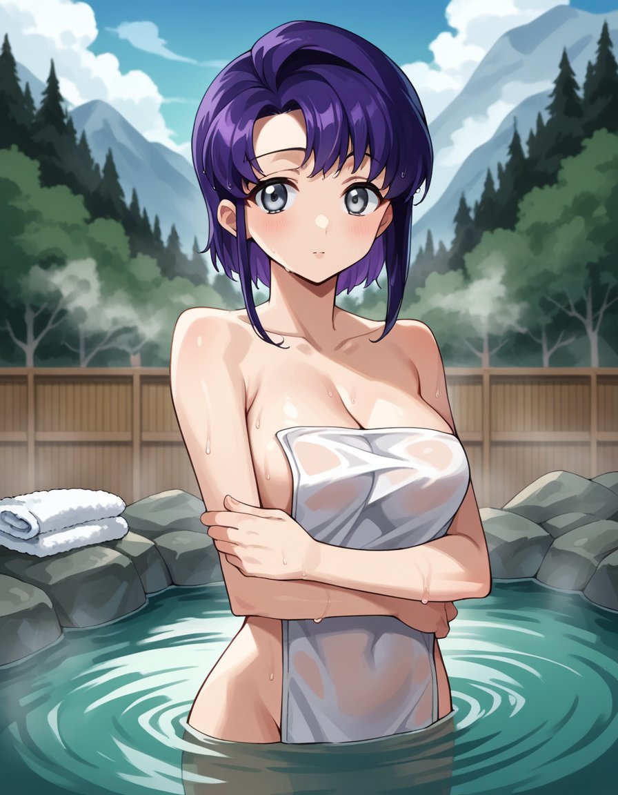 score_9, score_8_up, score_7_up, source_anime,cecilecroomy, <lora:cecile-croomy-s1-ponyxl-lora-nochekaiser:1>,cecile croomy, short hair, grey eyes, purple hair,nude, naked, outdoors, onsen, towel, naked towel, steam, bathing, nude cover, partially submerged, water, bath, steam censor, wet towel,looking at viewer, dutch angle, cowboy shot, solo,