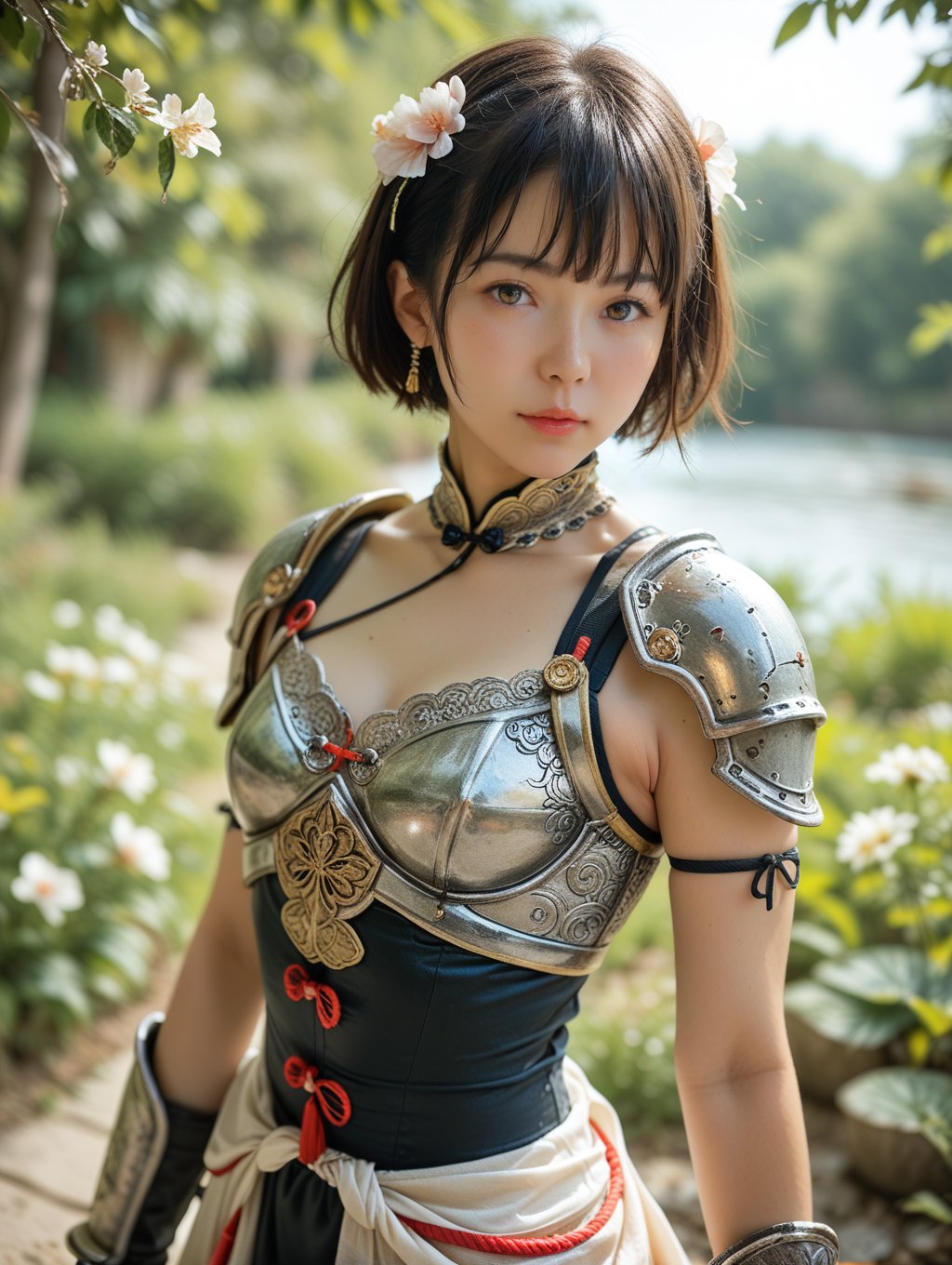 score_9, score_8_up, score_7_up,source_real,real skin,BREAK1girl, solo, short hair, small breast, looking at viewer, gloves, armor, outdoor, china style, hand on back