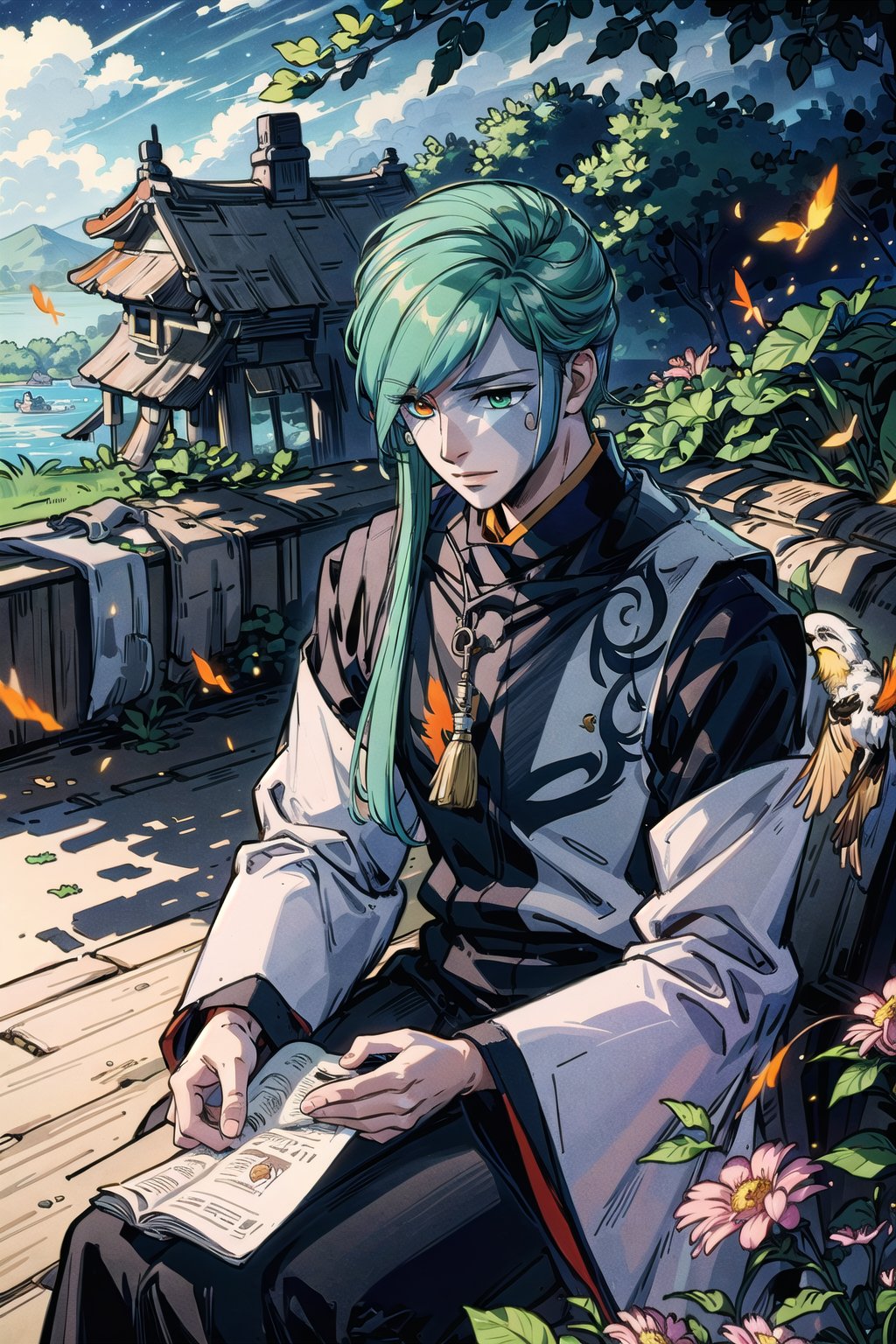(masterpiece, best quality:1.3), 8k resolution, digital illustration, 3d, original, 2d, traditional media, cinematic, ultra-detailed portrait, hyperdetailed, (deep depth of field:1.3), yasuak1, prayer beads, 1boy, bishounen, male focus, green hair, very long hair, sexy, (hair down:1.4), facial tattoo:1.3), holding mask, smirk, (chinese clothes:1.2), water, cowboy shot, (jewel under eye:1.3), half-closed eyes, hands down,long sleeves, wide sleeves, bird, chinese architecture, blurry background, fireflies,flower, shrine, half-closed eyes, light smile, looking down, sitting, from side, wind lift, floating hair, wind, nature, forest, warrmth, detailed face, focus, closed mouth, handsome, manga cover, (heterochromia, orange eyes, green eyes:1.3), soft lighting, from above, looking up, holding talisman, ofuda, between fingers, kuji-in, dynamic posture, motion blur, volumetric lighting, hair over shoulder, holding feather, bloom, starry background, gouache (medium), sky, dark, cloud, blurry foreground, falling leaves, tree, atmosphere, fog, (extremely detailed), intricate details, ,retro artstyle<lora:EMS-91280-EMS:0.200000>, <lora:EMS-367408-EMS:0.900000>, <lora:EMS-179-EMS:0.100000>