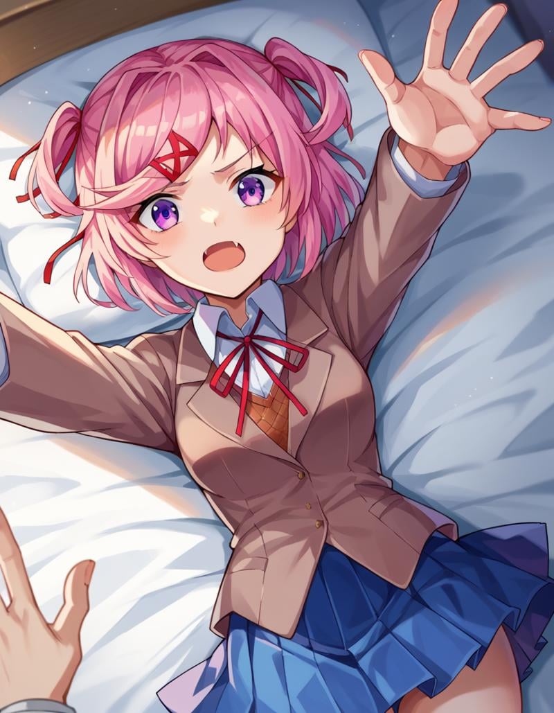 score_9, score_8_up, score_7_up, source_anime,ddlcnatsuki, <lora:ddlc-natsuki-ponyxl-lora-nochekaiser:1>ddlcnatsuki, fang, hair ornament, pink hair, purple eyes, short hair, short sidetail, swept bangs, x hair ornament,blazer, blue skirt, brown jacket, collared shirt, jacket, long sleeves, miniskirt, neck ribbon, pleated skirt, red ribbon, ribbon, school uniform, shirt, skirt, swept bangs, vest, white shirt, wing collar, x hair ornament,indoors, bed, bed room, on back, arm support, arms up, incoming hug, pov, reaching, reaching towards viewer,looking at viewer, dutch angle, cowboy shot, 