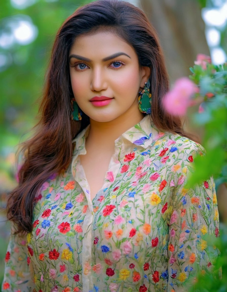 HoneyRose, HDR photo of beautiful young woman, light makeup, long dark hair, dark eyes staring intently at the viewer, wearing a embroidered silk blouse, flowered vines surrounding her, vivid colors, overcast day . High dynamic range, vivid, rich details, clear shadows and highlights, realistic, intense, enhanced contrast, highly detailed