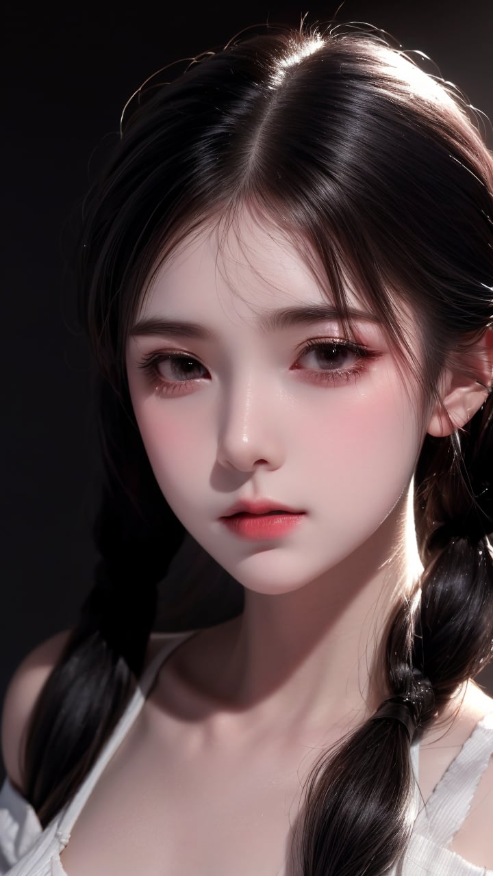 1girl,solo,twintails,looking at viewer,off shoulder,realistic,parted lips,bare shoulders,long hair,upper body,black background,breasts,simple background,collarbone,white hair,off-shoulder shirt,lips,red lips,bangs,grey eyes,shirt,nose,eyelashes,makeup,off-shoulder dress,