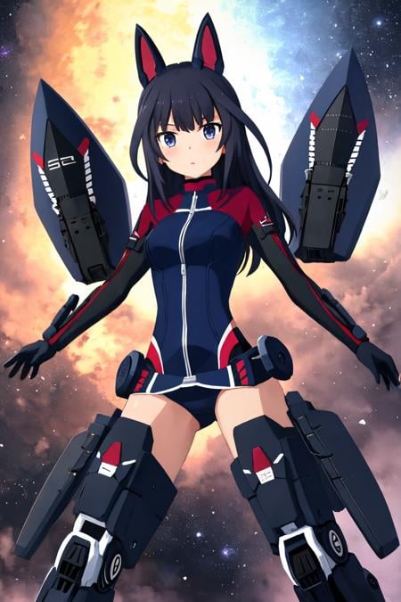 agatsuma kaede, ace suit, another gear, alice gear, black bodysuit, black gloves, long sleeves, black sleeves, black thighhighs, headgear, fake animal ears, armored boots, fake animal ears, armored boots, mecha musume, space, 1girl <lora:agatsuma_kaede_locon_v1:0.7>