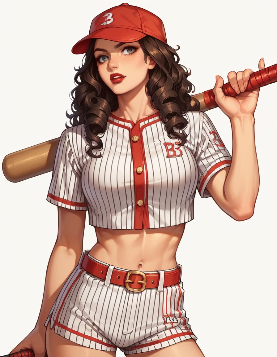 score_9, score_8_up, score_7_up, score_6_up, anime, best quality, 1girl, long black curly hair, red lipstick, hud_bbll_plyr, baseball cap, striped, midriff, belt, baseball uniform, shorts, crop top, <lora:hud_bbll_plyr-000008:0.8>, baseball bat