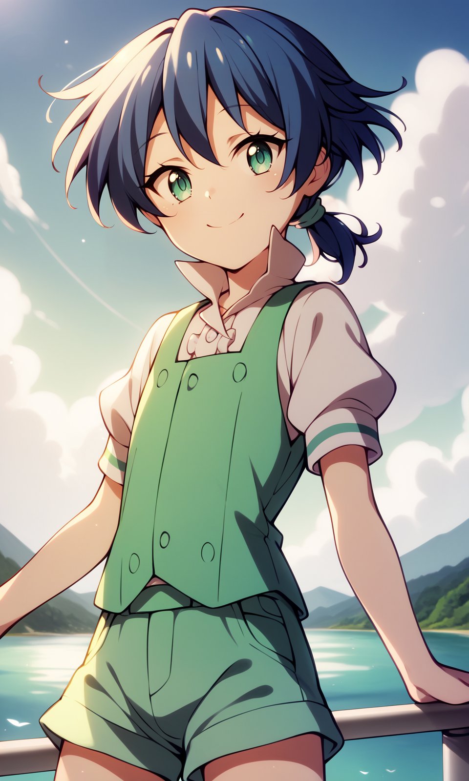 score_9,score_8_up,score_7_up, score_6_up, BREAKsolo, 1boy, lloyd, aqua eyes, blue hair, short hair, low ponytail, shiny hair, shiny skin, green vest, white shirt, puffy short sleeves, green short shorts, looking at viewer, smile, upper body, outdoors, river, sun, cloud, condensation tral, masterpiece, best quality, very aesthetic, absurdres, <lora:LloydDeSaloum_Pony:1><lora:sd_xl_dpo_lora_v1:0.35> 