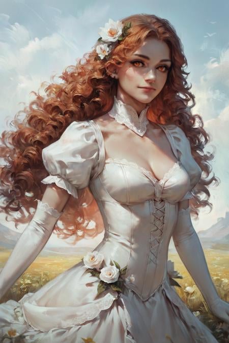 score_9, score_8_up, score_7_up, rating_safe, concept art, realistic, 1girl, solo, long hair, curly hair, wavy hair, orange hair, orange eyes, looking at viewer, breasts, dress, white dress, puffy sleeves, puffy short sleeves, short sleeves, gloves, elbow gloves, white gloves, cowboy shot, closed mouth, standing, outdoors, field, flower, grass, plant, sky <lora:Concept Art Style SDXL_LoRA_Pony Diffusion V6 XL:0.8>