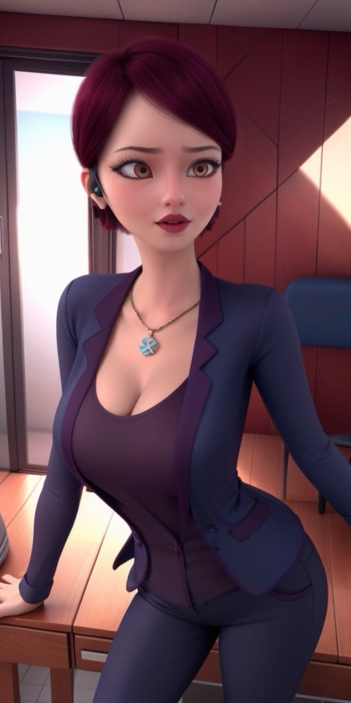 Hyperrealistic, photorealistic, super detailed, perfect face, (strict dark blue jacket), (strict dark blue trousers), short hair with a gradient of strong raspberry to moderate rose color, expressive moderate red eyes, raspberry colored lipstick, body like in real life, large pores, slender, medium height, pale skin, beautiful arms, beautiful legs, unreal engine, octane render, droped shadow, bokeh, cinematic lighting, <lora:add_detail:0.5>, <lora:Volumetric_lighting:0.6>, raspberry colored lipstick, moderate red eyes, short hair with a gradient of strong raspberry to moderate rose color, Chamack, Nadja, , <lora:a9a766c8-d663-4fd8-8723-45c5a2f45a0b:0.7>