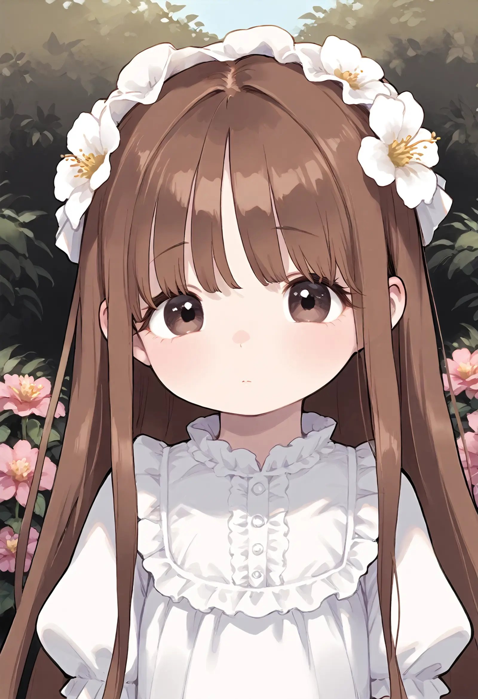 score_9, 1 girl, solo, close up of a cute girl in flower garden, clear delicate face, insanely excess frilled white dress, absurdly long brown hair, upper body,looking at viewer, brown hair,