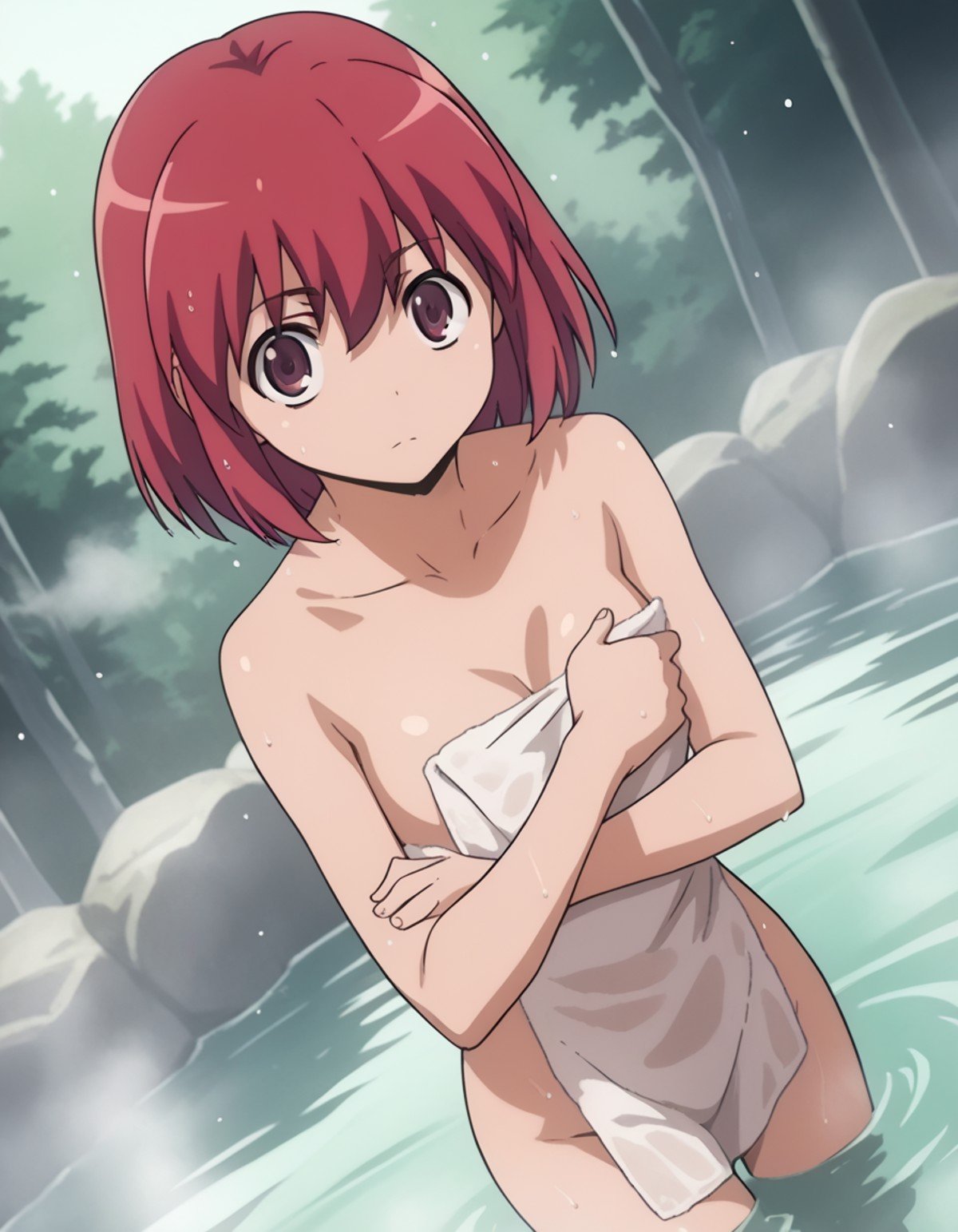 score_9, score_8_up, score_7_up, source_anime,minorikushieda, <lora:minori-kushieda-s1-ponyxl-lora-nochekaiser:1>,minori kushieda, short hair, red eyes, red hair,nude, naked, outdoors, onsen, towel, naked towel, steam, bathing, nude cover, partially submerged, water, bath, steam censor, wet towel,looking at viewer, solo, cowboy shot, dutch angle,