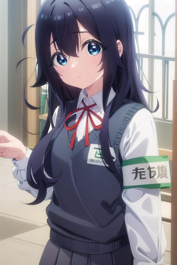 shizukayoshimoto, <lora:shizuka yoshimoto s1-lora-nochekaiser:1>,shizuka yoshimoto, long hair, bangs, blue eyes, black hair, hair between eyes, wavy hair,BREAK skirt, shirt, ribbon, school uniform, white shirt, pleated skirt, red ribbon, neck ribbon, armband, sweater vest,BREAK indoors, classroom,BREAK looking at viewer, (cowboy shot:1.5),BREAK <lyco:GoodHands-beta2:1>, (masterpiece:1.2), best quality, high resolution, unity 8k wallpaper, (illustration:0.8), (beautiful detailed eyes:1.6), extremely detailed face, perfect lighting, extremely detailed CG, (perfect hands, perfect anatomy),