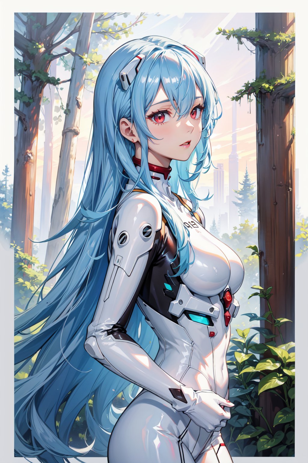 <lora:Rei-000011:0.6>,Rei CYQL,1girl,looking at viewer,solo,blue hair,red eyes,hair between eyes,medium breasts,(Rei 00,long hair,very long hair,hair between eyes,hair spread out,white bodysuit,plugsuit,interface headset,bodysuit,two-tone sleeves),(expressionless:1.2),beautiful face,beautiful eyes,glossy skin,shiny skin,(panorama,from_side,wariza:1.2),hands in pockets,Sequoias, Ancient trees, Mossy trunks, Forest floor, Silence, Nature's cathedral, Hiking,Wildflowers, Watercolor paints, Sunrise, Artistry, Serenity,beautiful detailed sky,beautiful detailed glow,(English text:1.3),(border:1.5),posing in front of a colorful and dynamic background,(masterpiece, best quality, beautiful and aesthetic:1.3),contrapposto,female focus,fine fabric emphasis,wallpaper,fashion,Lipstick,depth of field,intricate_detail,finely_detailed,fine_fabric_emphasis,(glossy),<lora:增强减少细节add_detail:0.3>,